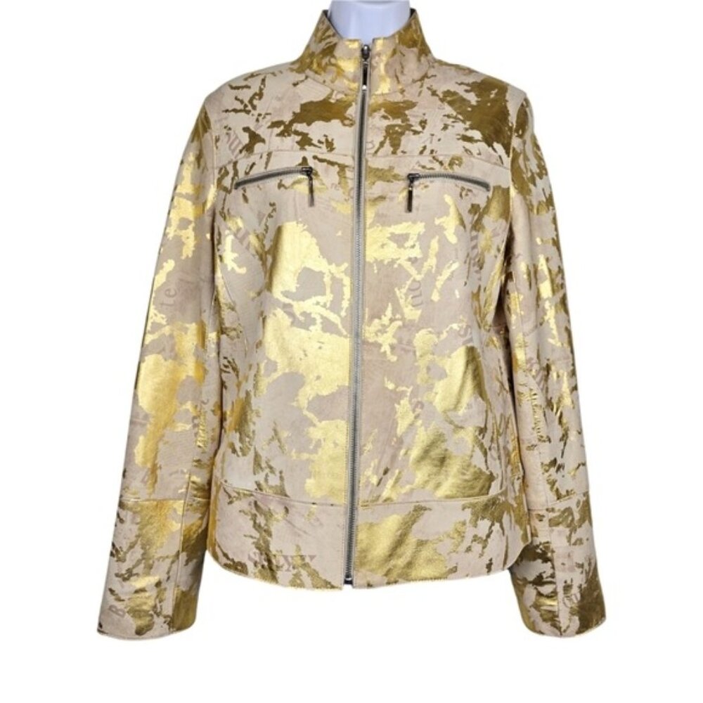 Che-Bella Womens Metallic Gold Leather Front Zip Jacket Size M